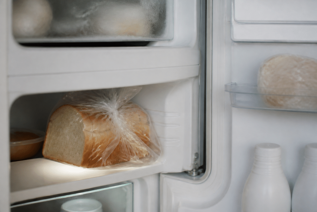 Pane affettato fresco dentro frigorifero con congelatore aperto