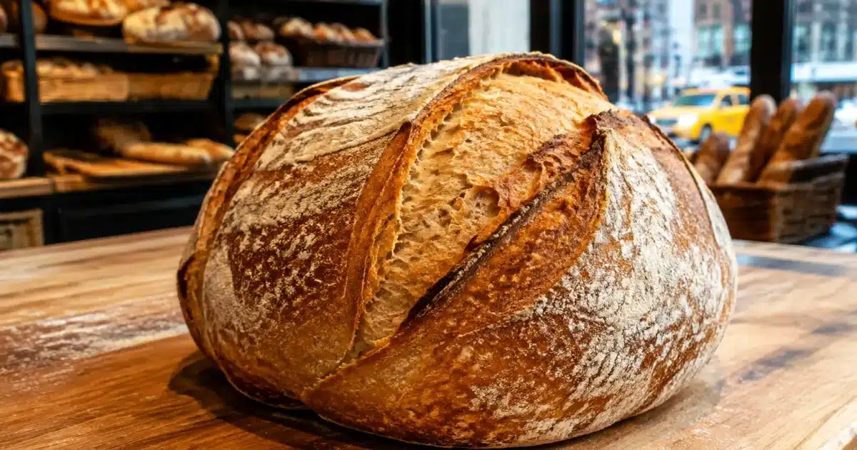 Pagnotta di pane artigianale su bancone di panificio newyorkese