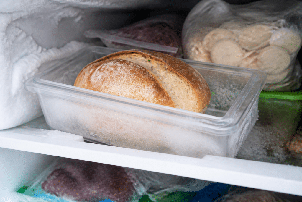 Pane fresco in contenitore trasparente nel congelatore ghiacciato