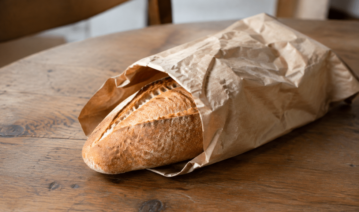 Pane fresco avvolto in carta su tavolo di legno