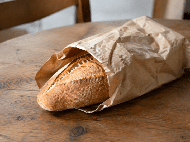 Pane fresco avvolto in carta su tavolo di legno