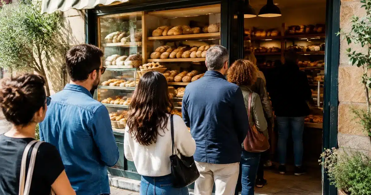 Fila di clienti in piedi fuori da piccola panetteria affollata