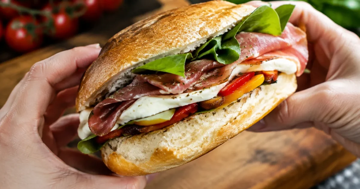 Panino napoletano con ripieni visibili supportato da mani
