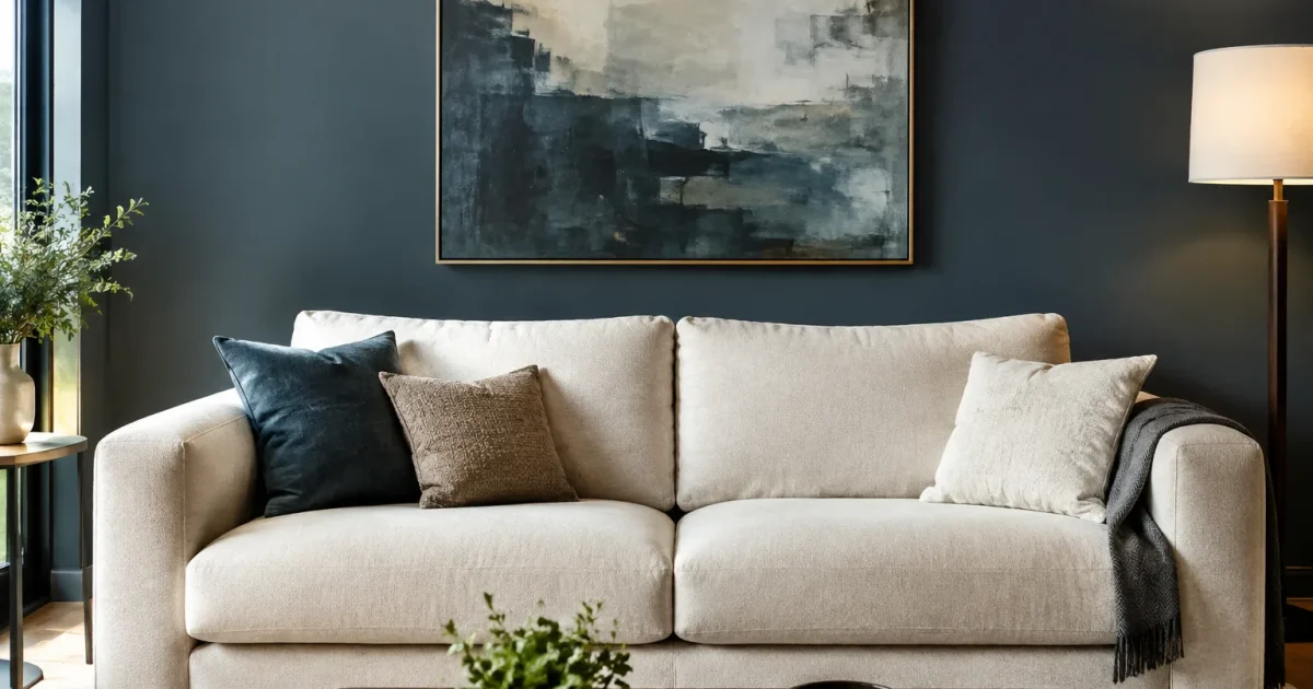 Parete grigio blu scuro dietro divano tessuto crema