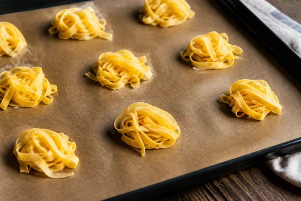 Cucchiaiate di pasta cruda distanziate su teglia
