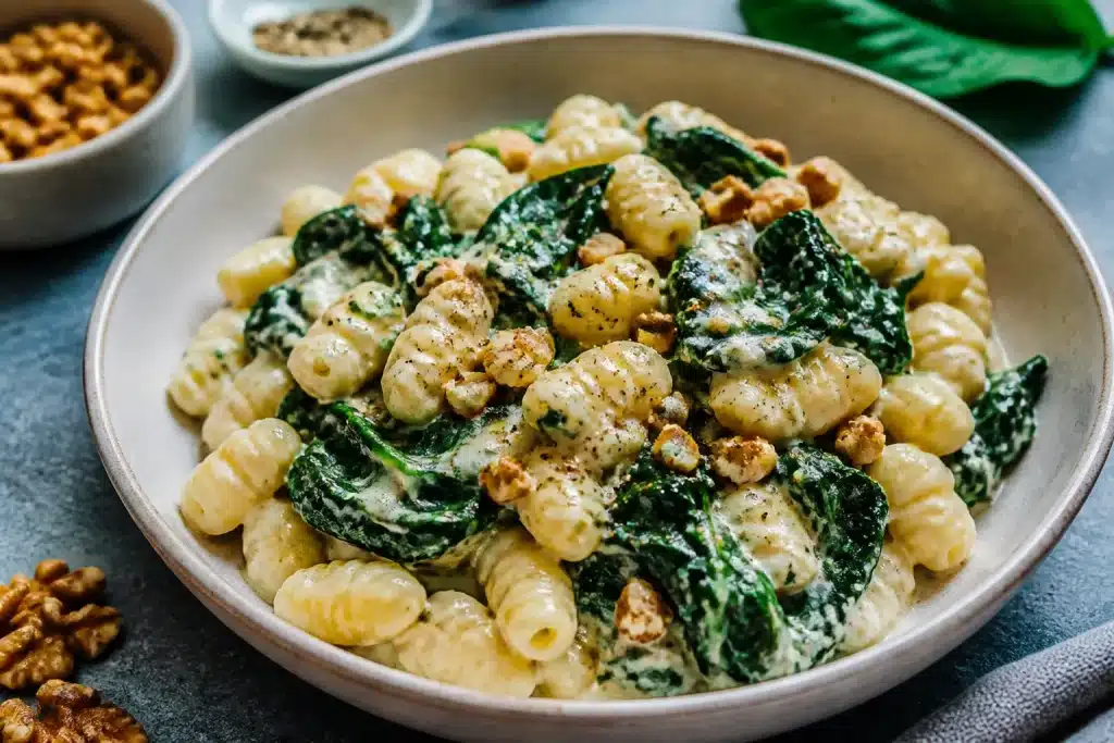 Pasta cremosa con foglie verdi scure e noci tritate visibili