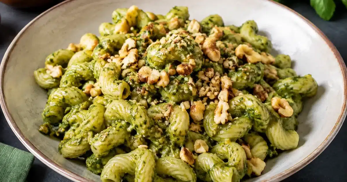 Piatto di pasta riccioluta ricoperto di salsa verde con noci tritate visibili