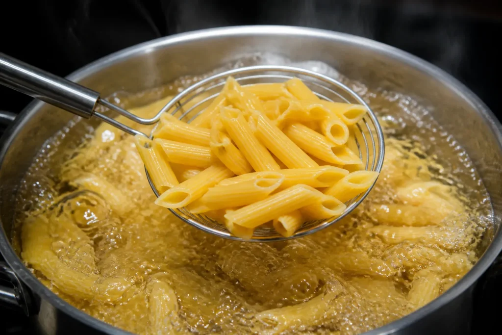 Pasta al dente in acqua bollente durante la precottura