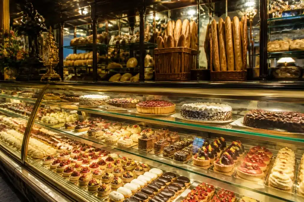 Interno pasticceria storica con vetrina di dolci e pane