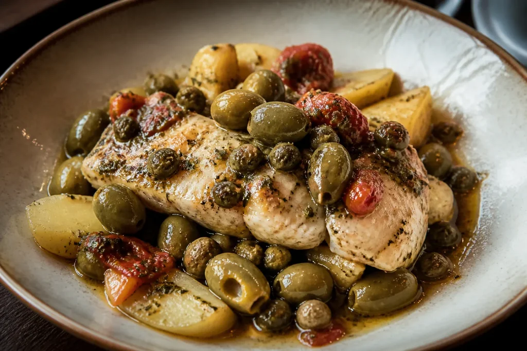 Pesce brasato con patate, capperi e olive verdi