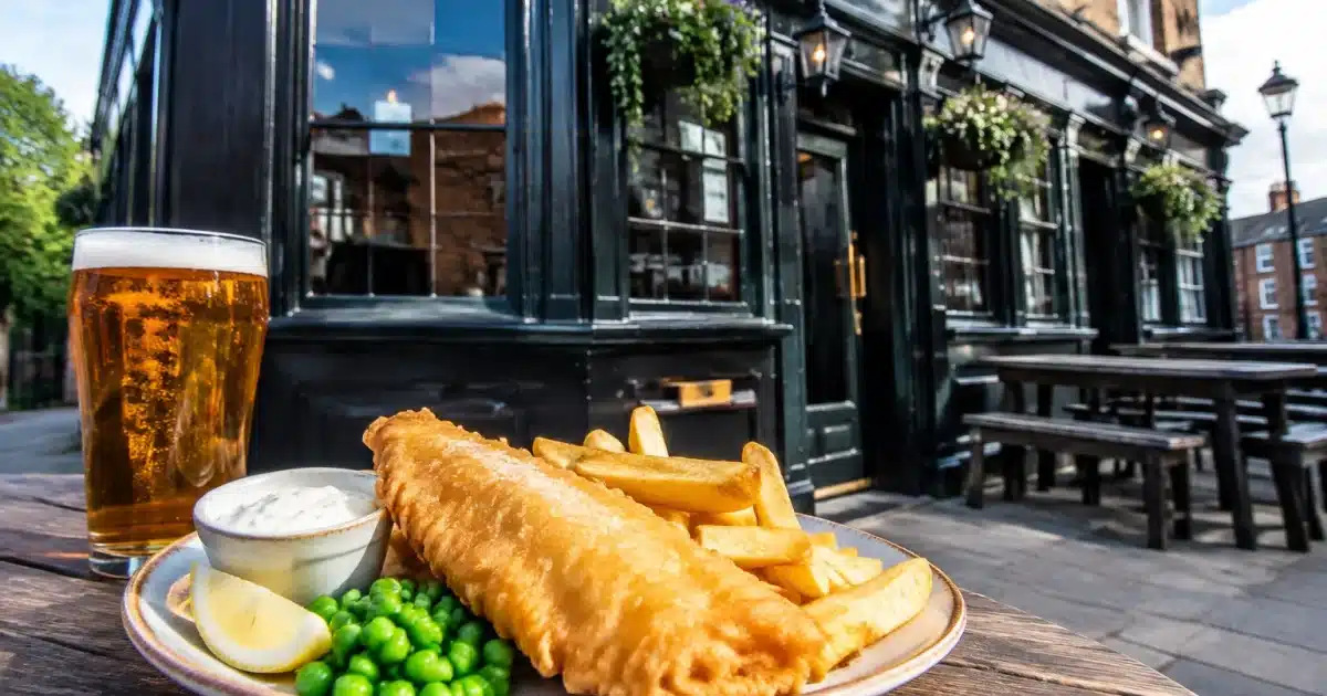 Piatto di pesce fritto con patatine accanto a pub britannico chiuso
