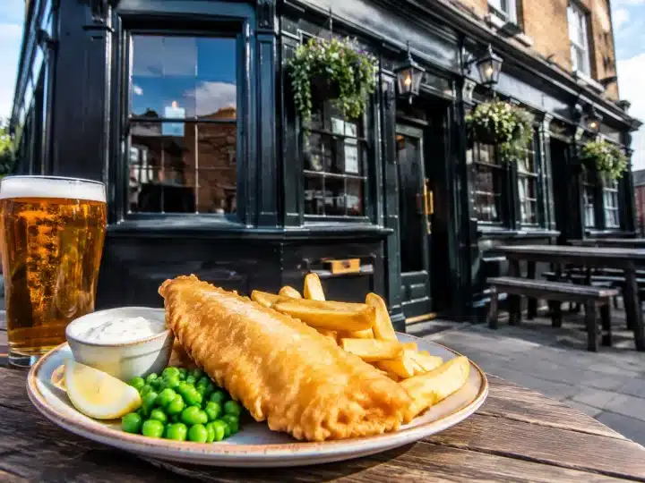 Piatto di pesce fritto con patatine accanto a pub britannico chiuso