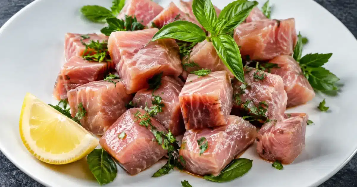 Cubetti di pesce spada disposti su piatto bianco con erbe fresche