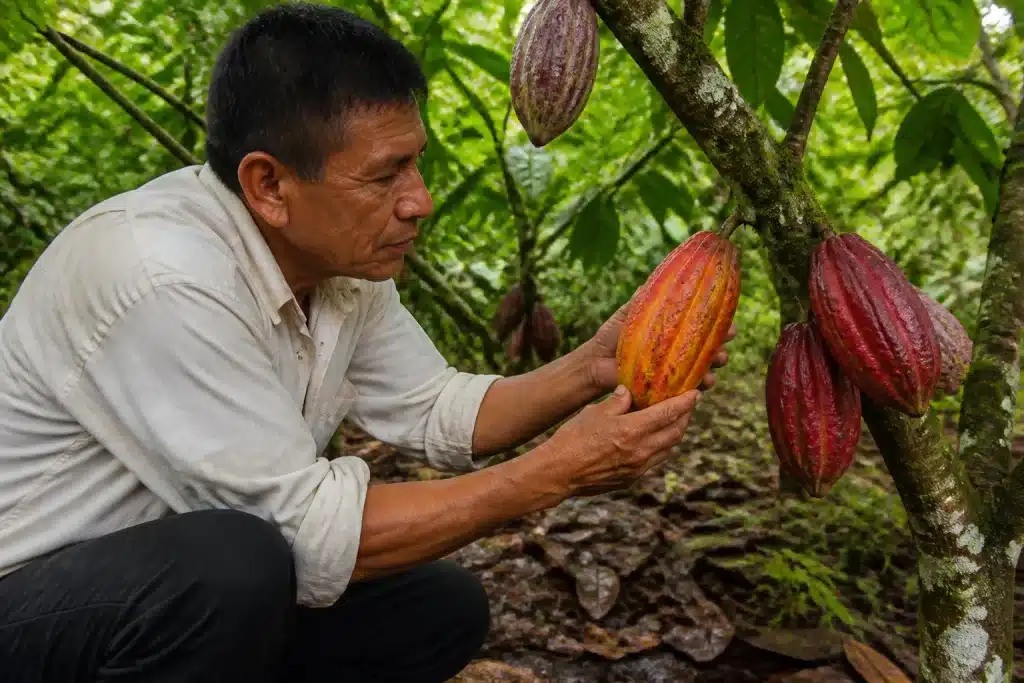Coltivatore ispeziona piante cacao resistenti in piantagione tropicale