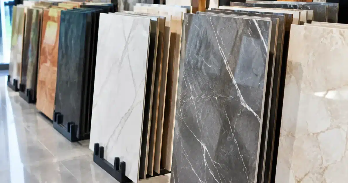 Campioni di piastrelle e rivestimenti esposti verticalmente su stand