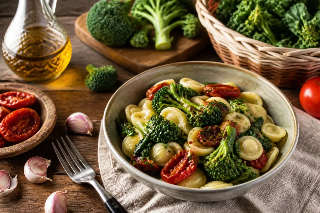 Piatti italiani con verdure locali su tavolo rustico