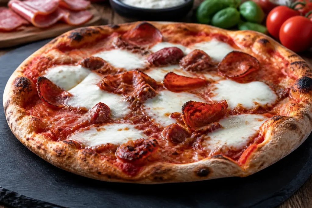 Piatto da pizzeria con mozzarella bianca e carni rosse