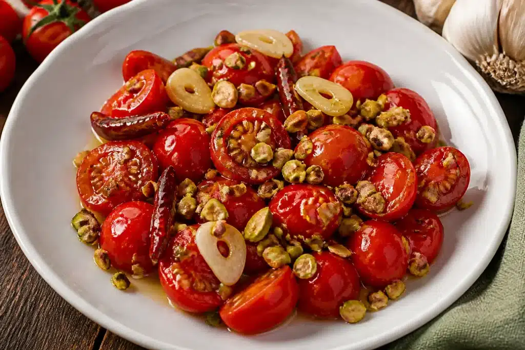 Piatto con pomodorini, aglio, peperoncino e pistacchio tritato