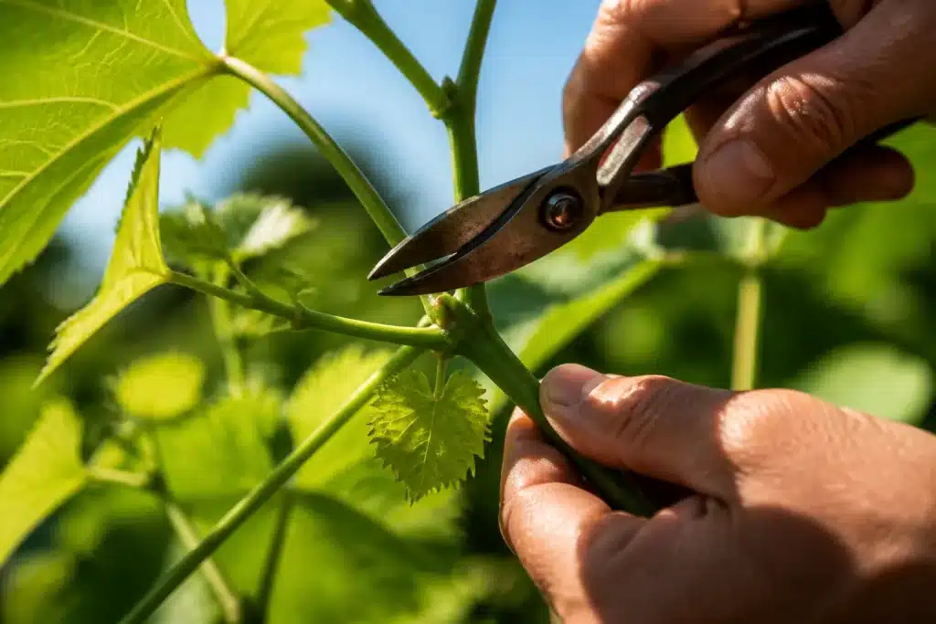 Mani che potano ramo verde con forbici presso nodo fogliare