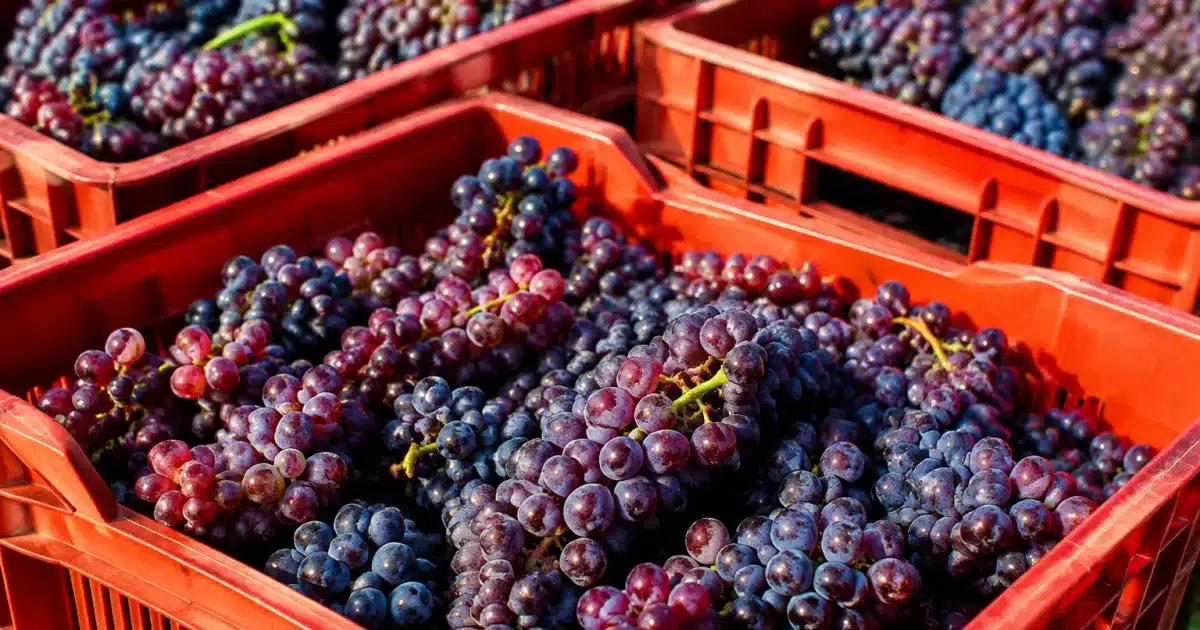 Grappoli d'uva rossa in cassette di raccolta dopo la vendemmia