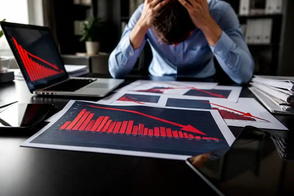 Grafici commerciali con frecce rosse descrescenti su scrivanie.