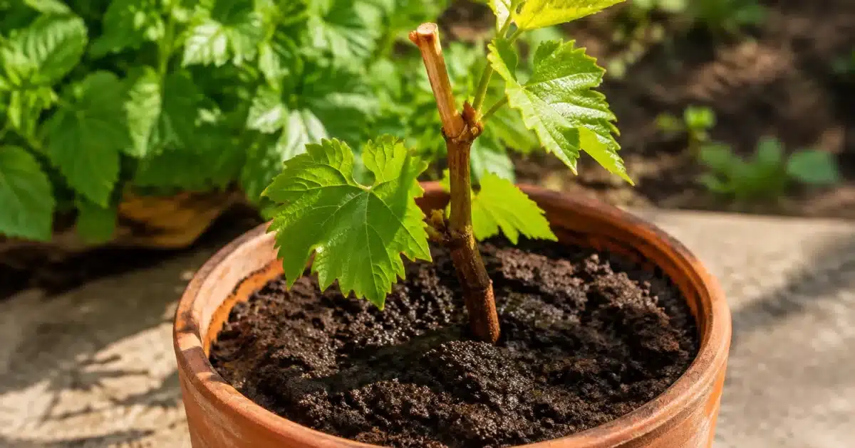 Rametto di vite piantato in vaso con terra umida