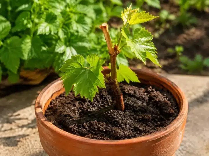 Rametto di vite piantato in vaso con terra umida