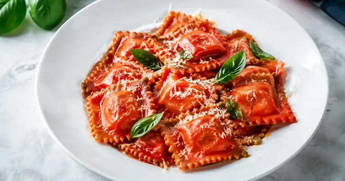 Piatto bianco con ravioli rossi di pomodoro disposti ordinatamente
