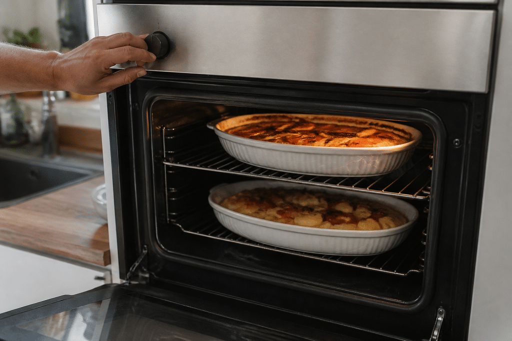 Forno con piatti pieni e manopola temperatura regolata