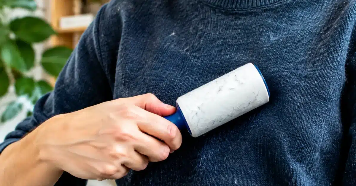Mano che rimuove peli da maglione con spazzola e rullo adesivo
