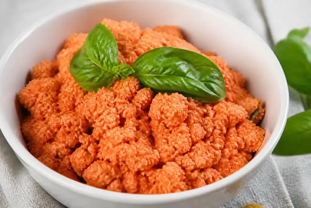 Ricotta rossa con basilico in ciotola bianca