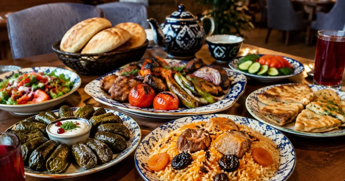 Piatti tradizionali azeri serviti su tavolo in sala ristorante