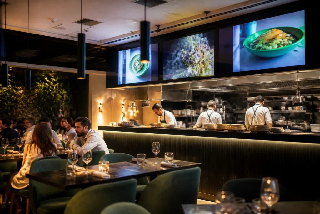 Ristorante rinnovato con schermi digitali e cucina moderna