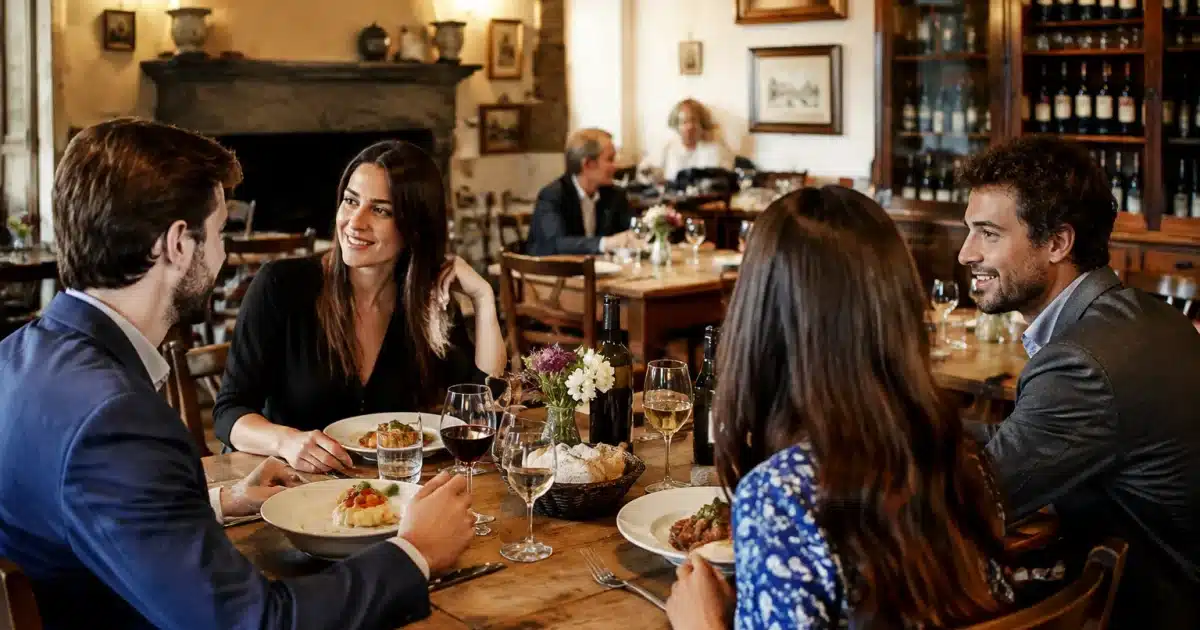 Interno ristorante storico con tavoli legno, piatti serviti, ospiti seduti conversazione