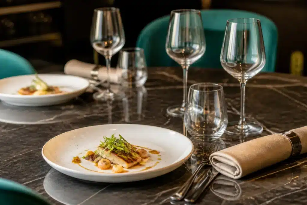 Tavolo elegante con piatti gourmet e bicchieri vuoti