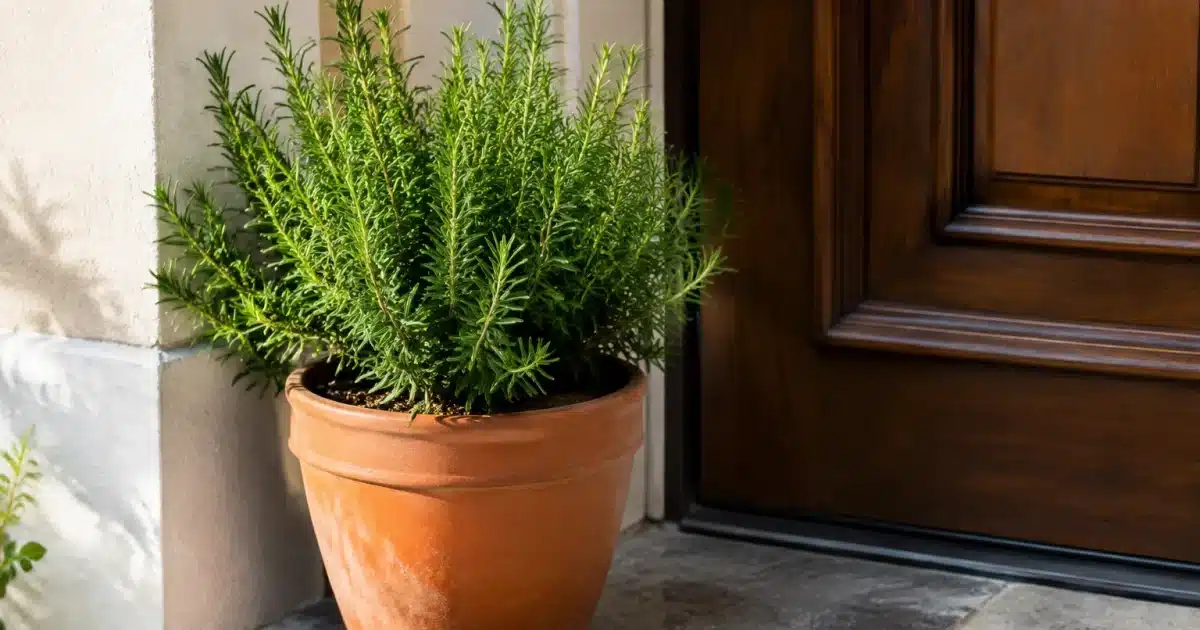 Vaso di rosmarino verde posizionato vicino alla porta d'ingresso principale