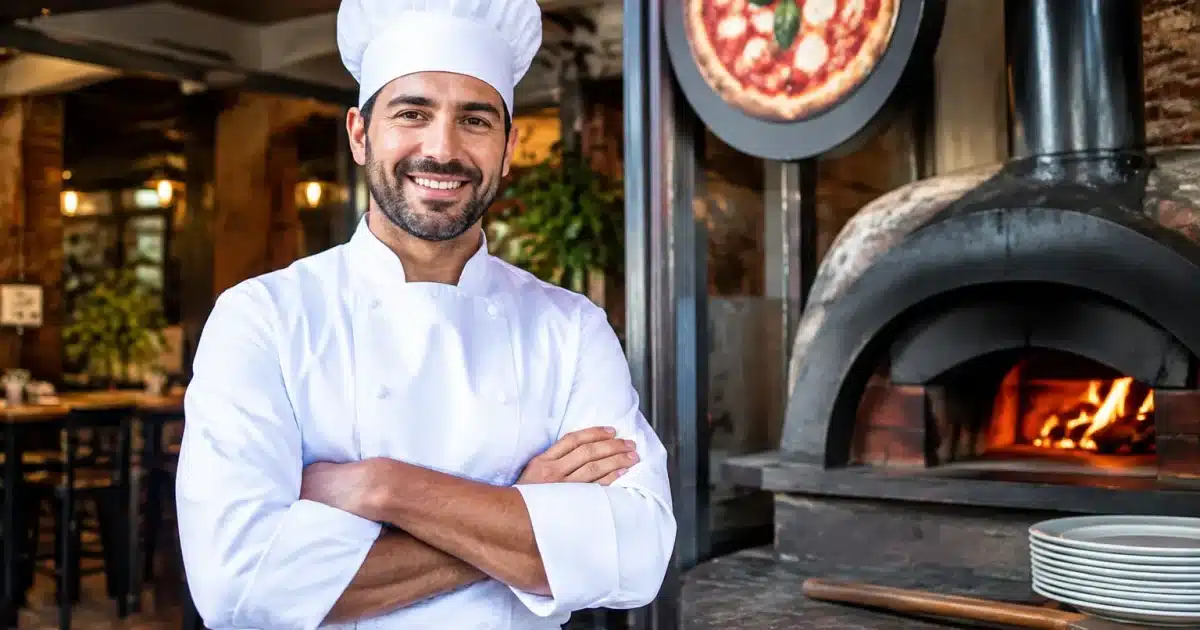 Uomo in piedi con uniforme chef davanti a insegna pizzeria