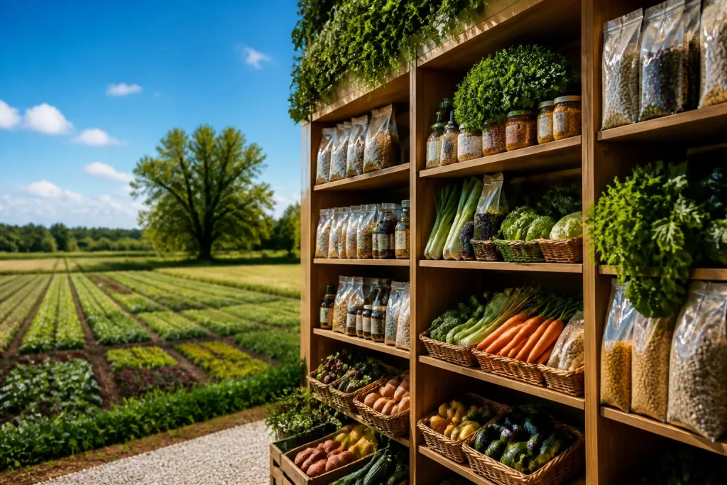 Scaffali pieni alimenti bio davanti campi agricoli ridotti