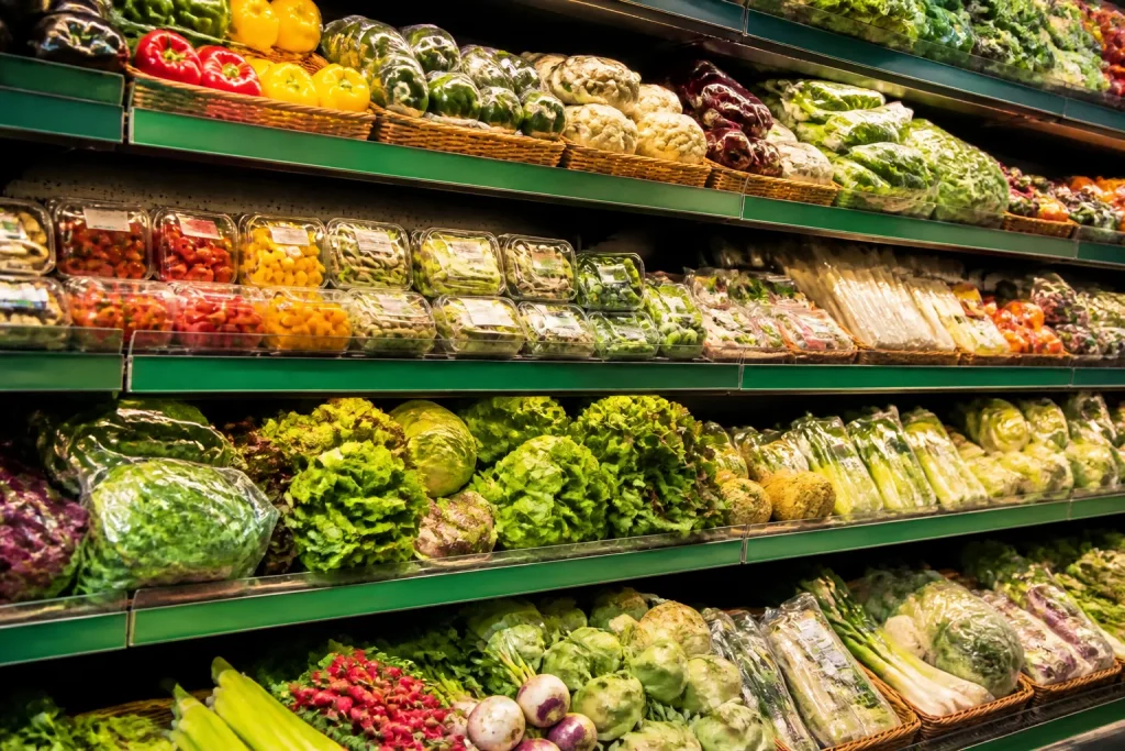 Scaffali supermercato etichette biologiche colorate