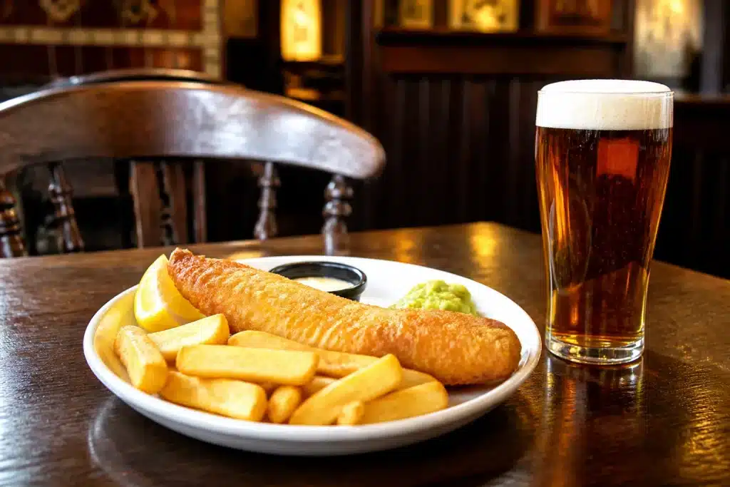 Piatto di fish and chips accanto a birra in pub tradizionale