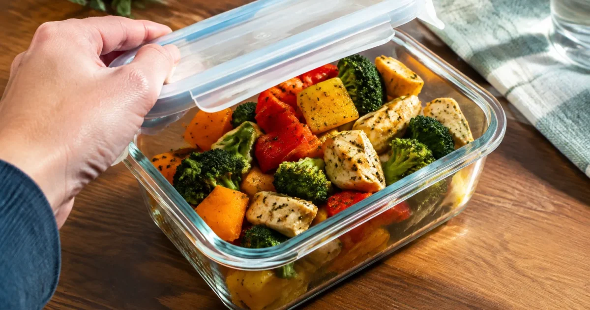 Mano solleva coperchio scatola con cibo fatto casa