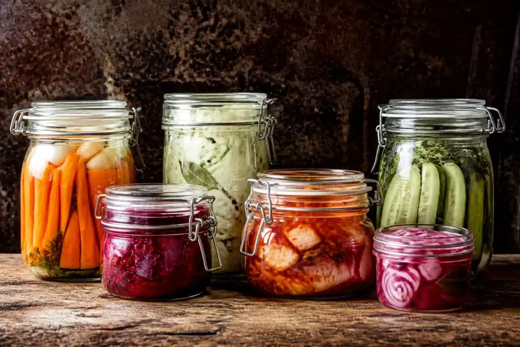 Barattoli di sottaceti fermentati in vetro su tavolo rustico