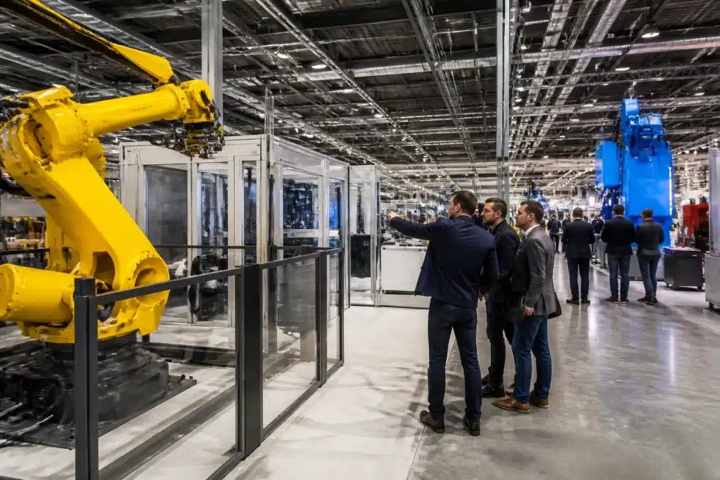 Aree tematiche con macchinari industriali e visitatori interattivi