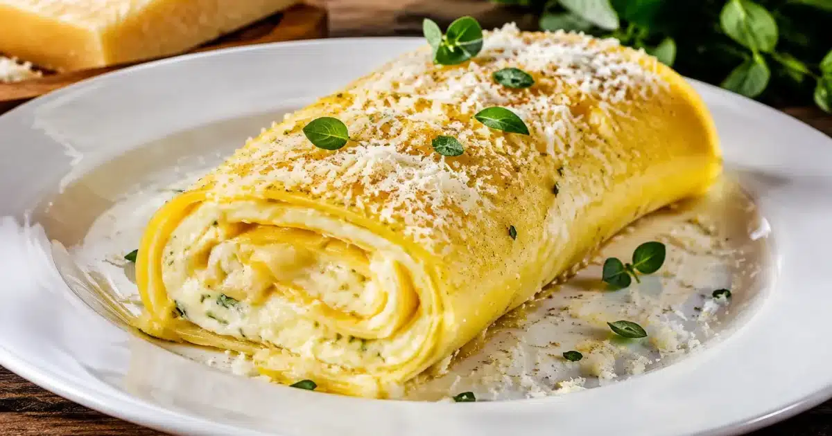 Rotolo di pasta ripieno di formaggio parmigiano affettato su piatto bianco
