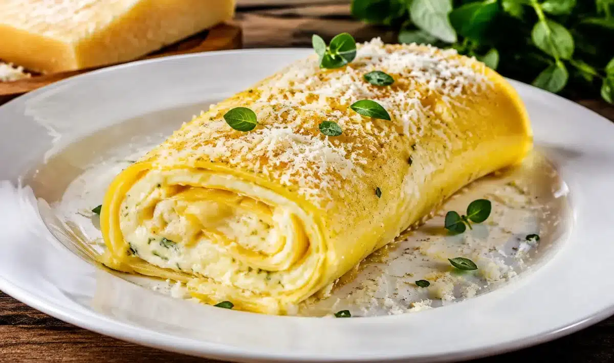 Rotolo di pasta ripieno di formaggio parmigiano affettato su piatto bianco