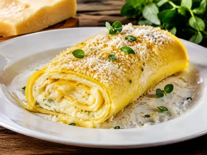 Rotolo di pasta ripieno di formaggio parmigiano affettato su piatto bianco