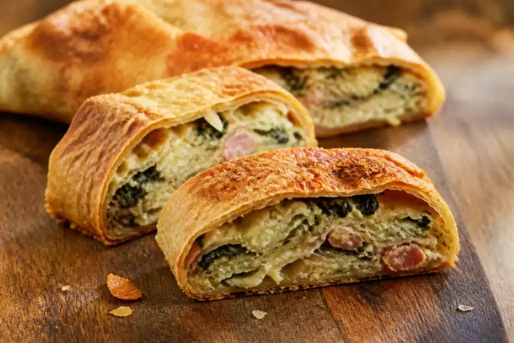 Fette di strudel salato parmigiano croccante tagliate spesse