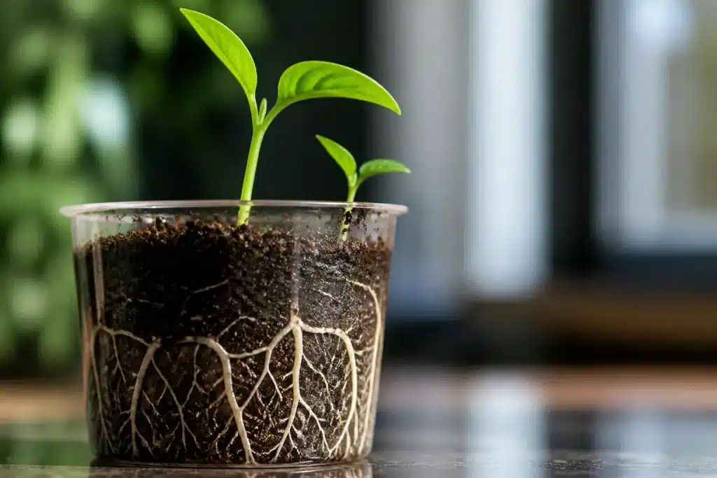 Giovane pianta in vaso con germogli verdi e radici bianche visibili nel terreno umido