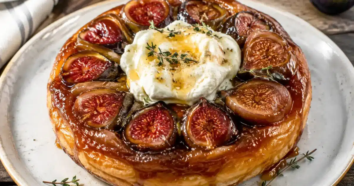 Torta Tatin rovesciata con fichi caramellati e crema parmigiano decorata sopra