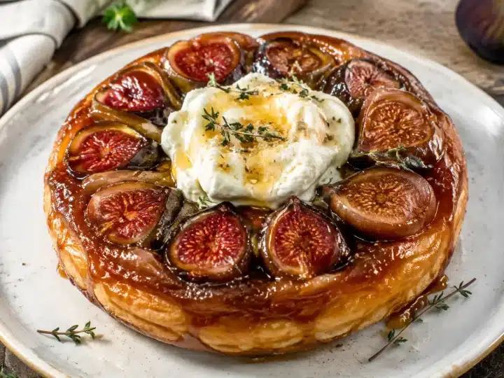 Torta Tatin rovesciata con fichi caramellati e crema parmigiano decorata sopra